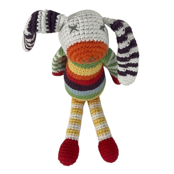 Pebble Handmade Crochet Bunny Rattle Toy Rainbow Stripes  12” Plush Doll - Picture 3 of 8